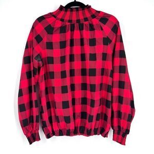 Red Buffalo Plaid‎ Blouse Smocked Neck & Cuffs Long Sleeve Medium M